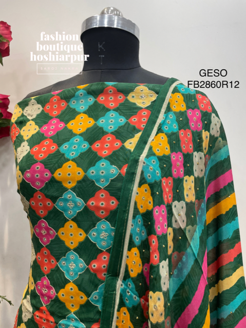 BOTTLE GREEN PRINTED CREPE SUIT WITH EMBROIDERY ON BORDER