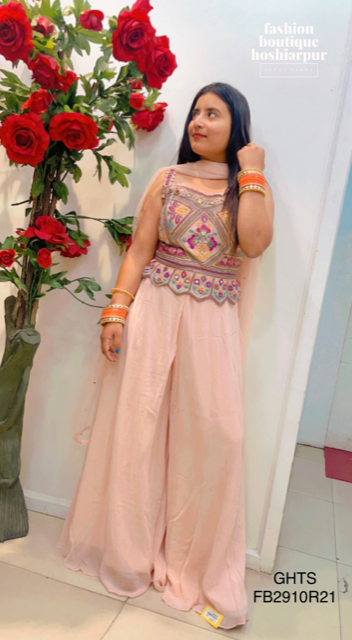 LIGHT PEACH GEORGETTE PLAZO WITH HEAVY EMBROIDERED CROP TOP + NET DUPATTA