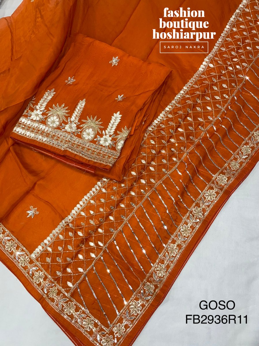 PARTY WEAR UNSTITCH SILK SUIT IN RUST COLOR GOTA PATTI WITH GOTTA PATTI WORKED