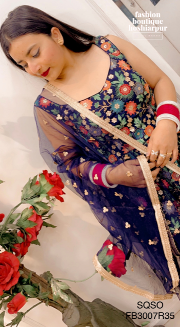 NAVY BLUE GEORGETTE PEPLUM FULL EMBROIDERED WITH THREAD + SEQUIN WITH SHRARA AND DUPATTA