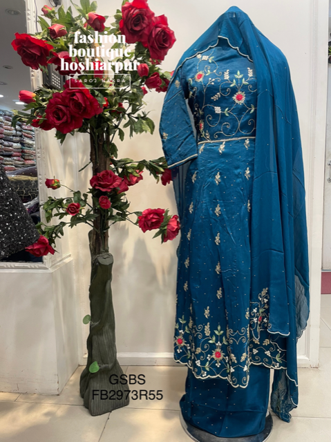 PEACOCK BLUE COLOURED BRIDAL OR PERTY WEAR ANARKALI FROCK WITH UNSTITCH BOTTON AND EMBROIDERED DUPATTA
