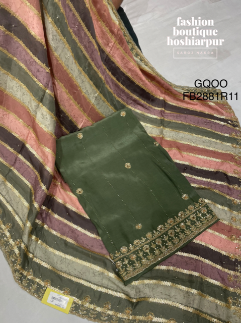 MEHNDI GREEN COLORED CREPE UN STITCHED SUIT WITH CUT DANA WORK AND SEQUIN WORK ON DUPATTA