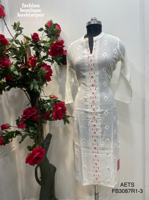WHITE COTTON KURTI WITH RED THREAD WORK