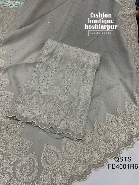 GRAY COLORED CREPE UN STITCHED SUIT WITH THREAD AND SEWROSKI WORK