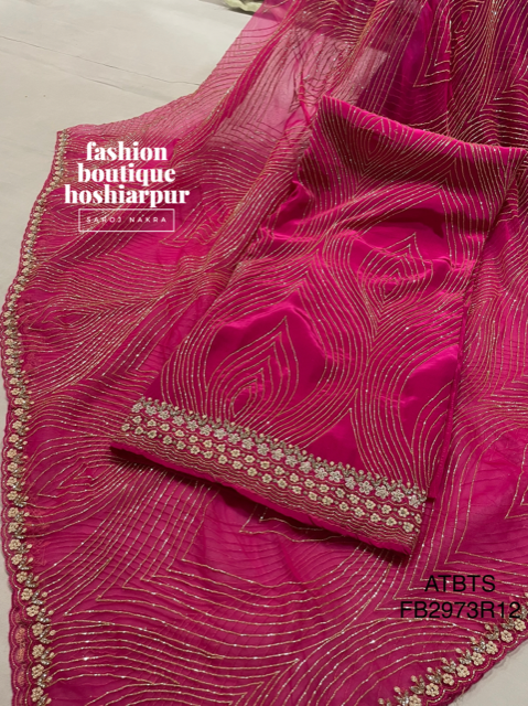 HOT PINK DESIGNER FULL EMBROIDERED UNSTITCH SUIT WITH PEARL WORK