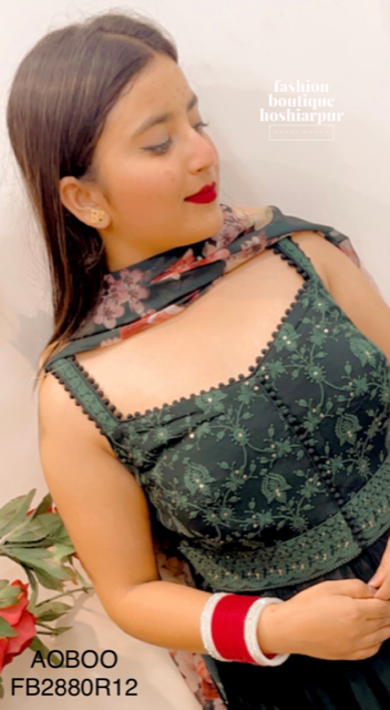 BOTTLE GREEN GEORGETTE DRESS CUT SLITS DESIGNER DRESS WITH PLAZO AND PRINTED DUPATTA