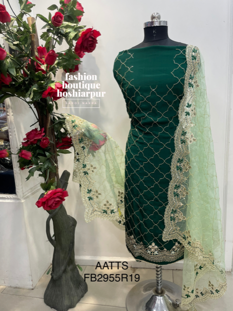BOTTLE GREEN UNSTITCH SILK SUIT WITH ORGANZA HEAVY DUPATTA