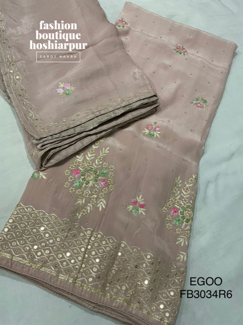LIGHT PEACH COLORED ELEGANT UN STITCHED PARTY WEAR SUIT WITH SEQUIN, THREAD AND PEARL WORK