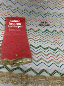 WHITE GEORGETTE UN STITCH SUIT ZIGZAG MULTICOLORED THREAD WORK WITH PEACH CONTRAST NET DUPATTA