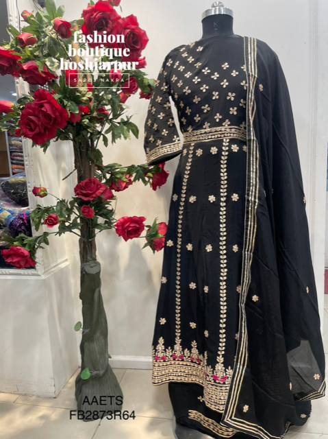 BLACK PARTY WEAR DESIGNER EMBROIDERED ANARKALI FROCK WITH UNSTITCH BOTTOM AND DUPATTA