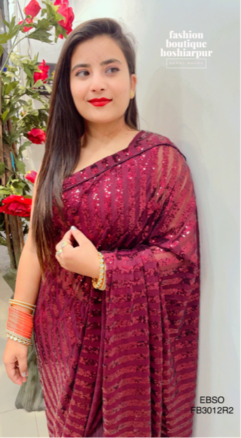WINE NET+LYCRA SAREE WITH SEQUIN WORKED BLOUSE