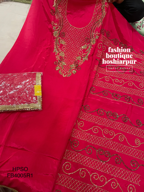 HOT PINK HEAVY PARTY WEAR UNSTITCH SUIT WITH CUT DANA EMBRODERY