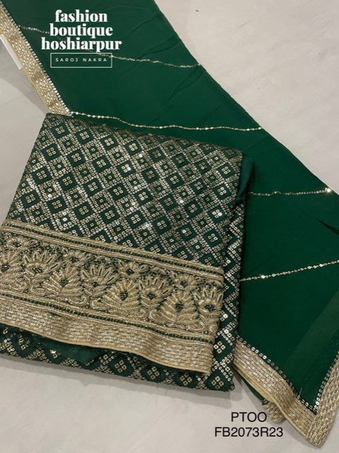 BOTTLE GREEN HEAVY PARTY WEAR UNSTITCH CHINNON SUIT