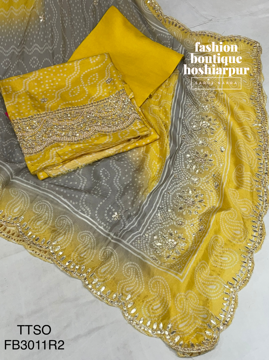 PARTY WEAR UNSTITCH YELLOW SILK SUIT IN BANDHANI STYLE