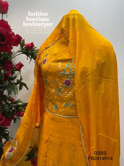 BRIGHT YELLOW COLOURED EMBROIDERED ANARKALI FROCK WITH UNSTITCH BOTTOM AND DUPATTA