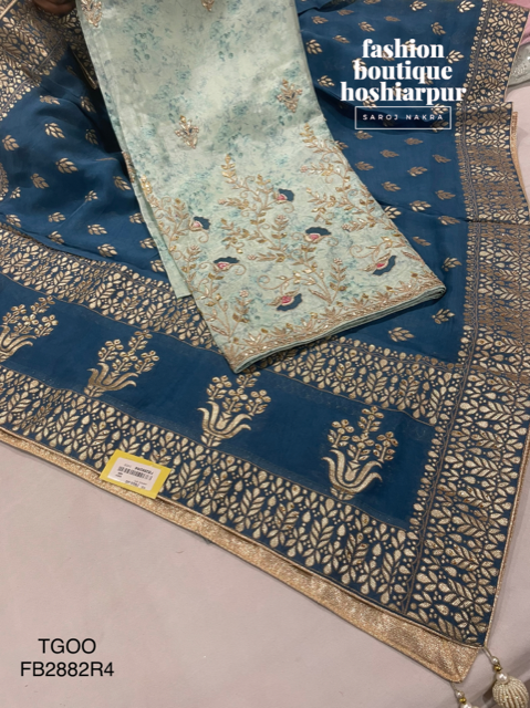 SKY BLUE PARTY WEAR UNSTITCH SUIT ON THREAD, GOTTA PATTI, PEARL WORK WITH HEAVY BANARSI DUPATTA