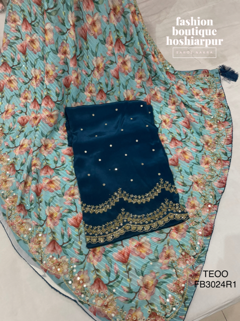 BLUE CREPE UNSTITCH SUIT WITH CONTRAST DUPATTA WITH MIRROR AND CUT DANA WORKED