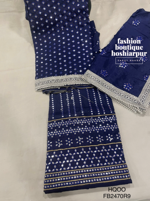 ROYAL BLUE SILK UN STITCH PARTY WEAR SUIT ON ALL MIRROR WORK