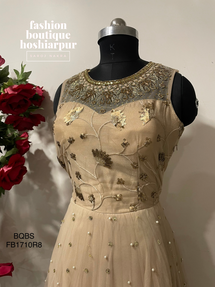 GOLDEN NET GOWN DRESS WITH PEARL AND SEQUIN WORKED WITH NET DUPATTA