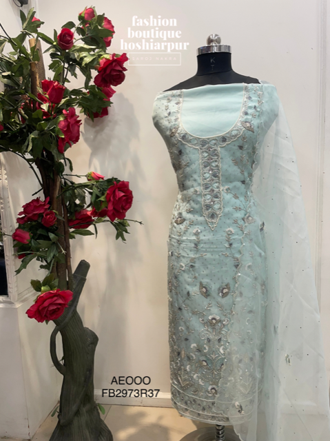 LIGHT BLUE ORGANZA UNSTITCH SUIT WITH CUT-DANA EMBROIDERY
