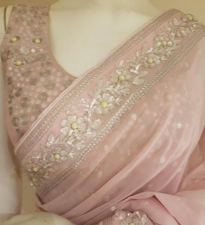 Baby pink georgette saree with sequenced and pearl work