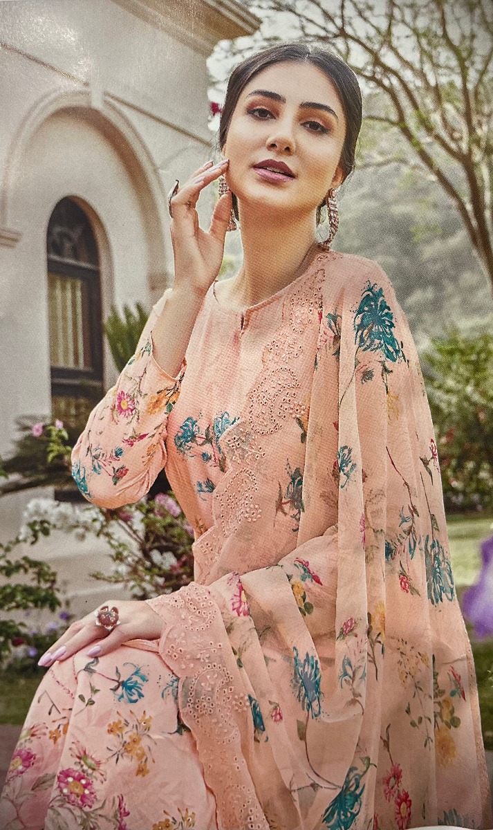 PURE MUSLINE COTTON DIGITAL PRINT SUIT PEACH COLOR