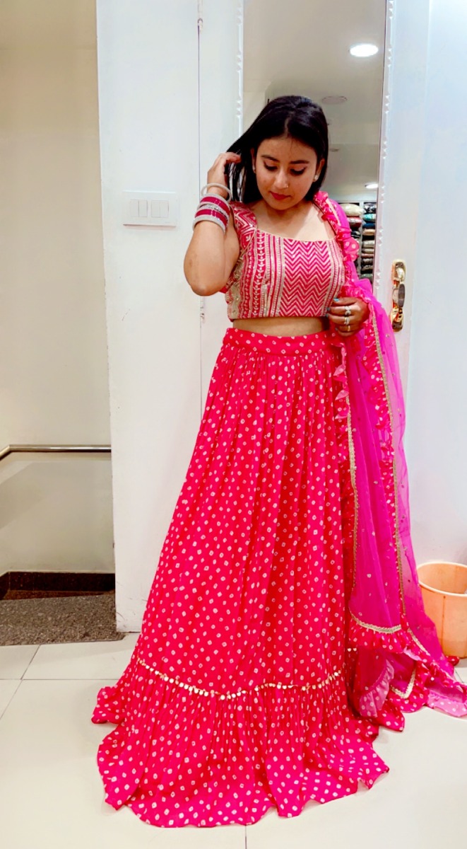 HOT PINK GEORGETTE PRINT LEHENGA WITH GOLDEN THREAD WORKED