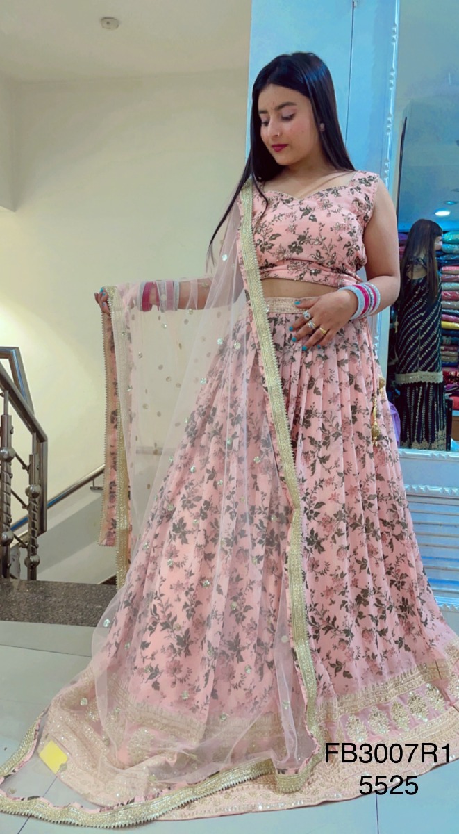 ELEGANT LIGHT PEACH PRINTED GEORGETTE LEHENGA WITH NET DUPATTA