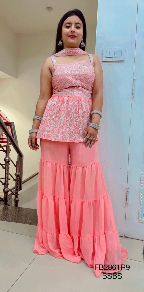 GEORGETTE PEPLUM STYLE IN BEAUTIFUL SUMERISH PEACH COLOUR WITH SHARARA N DUPATTA