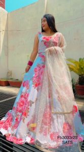 WHITE PRINTED GEORGETTE LEHENGA WITH MIRROR WORK