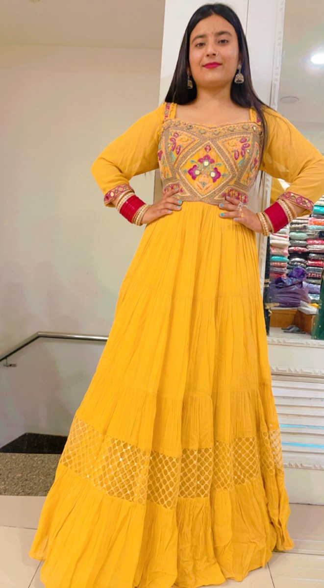 YELLOW GEORGETTE  LONG DRESS WITH PAJAMI AND DUPATTA