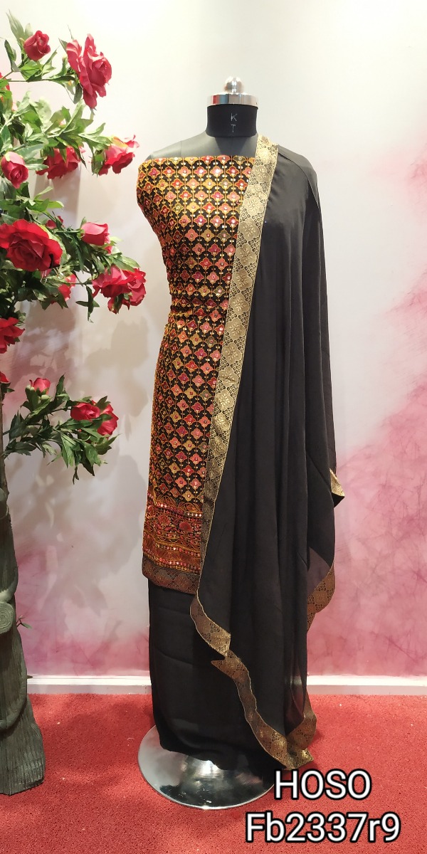 Very stylish Heavy party wear unstitched suit with thread and mirror work