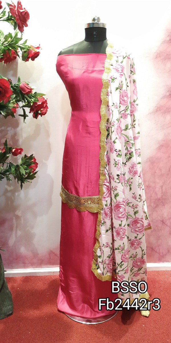 Beautiful hot pink silk suit with printed dupatta