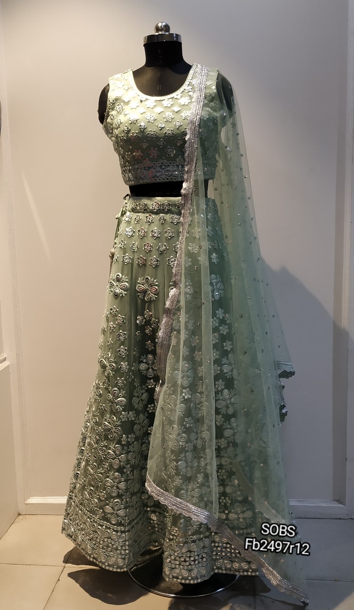Mirror+Thread worked Pastel Pista Green lehenga choli