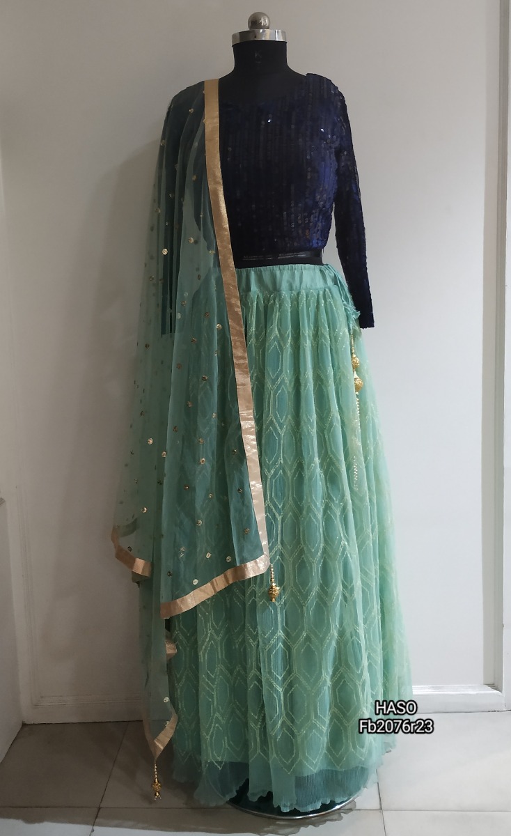Velvet blue blouse with green lehenga net dupatta with sequence