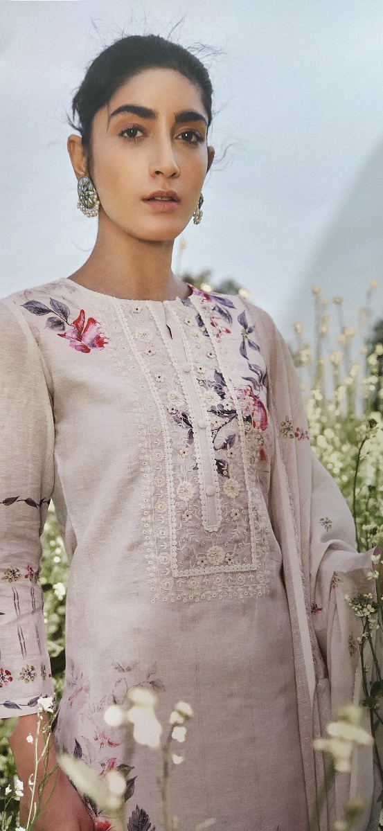 Cotton printed suit with pearl+thread work..