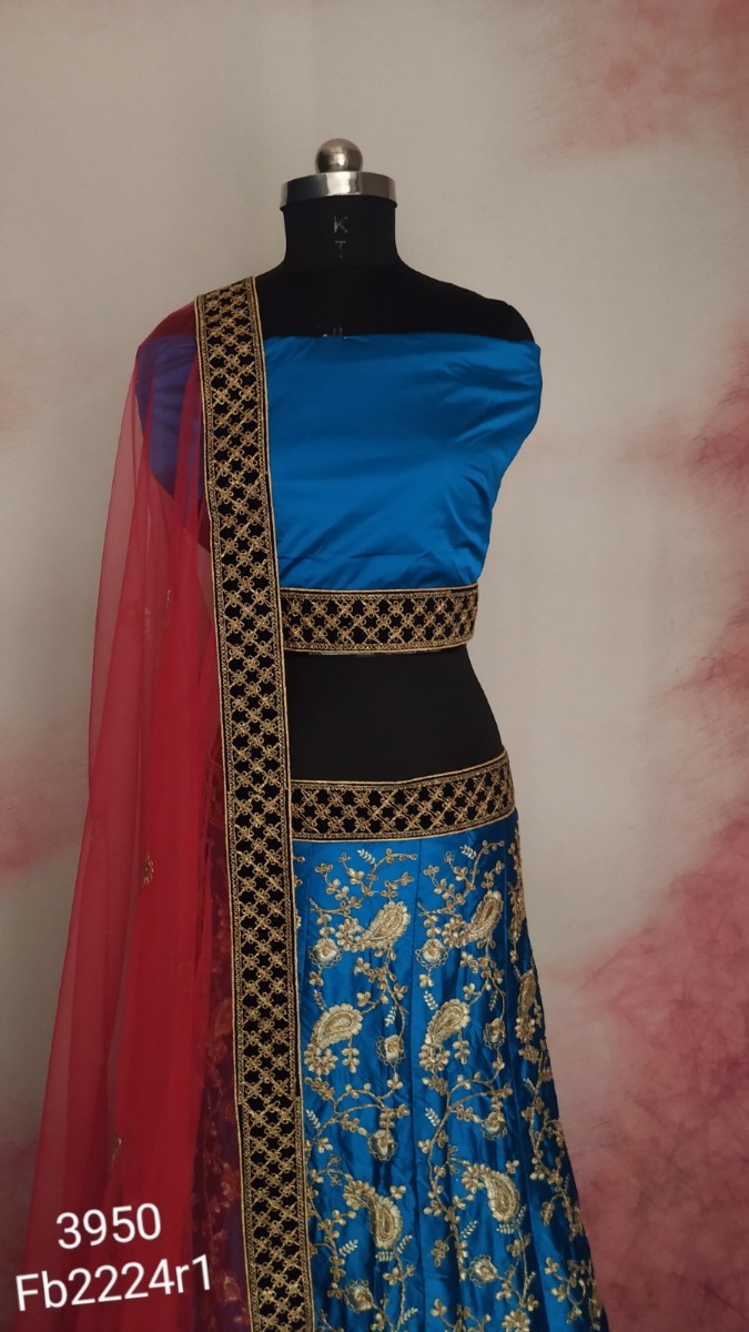 Full embroidered royal blue lehenga with bordered blouse and contrast dupatta