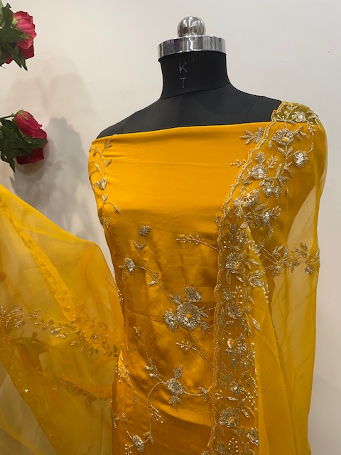MUSTARD CRAVE UNSTITCH SUIT WITH CUT-DANA EMBROIDERY