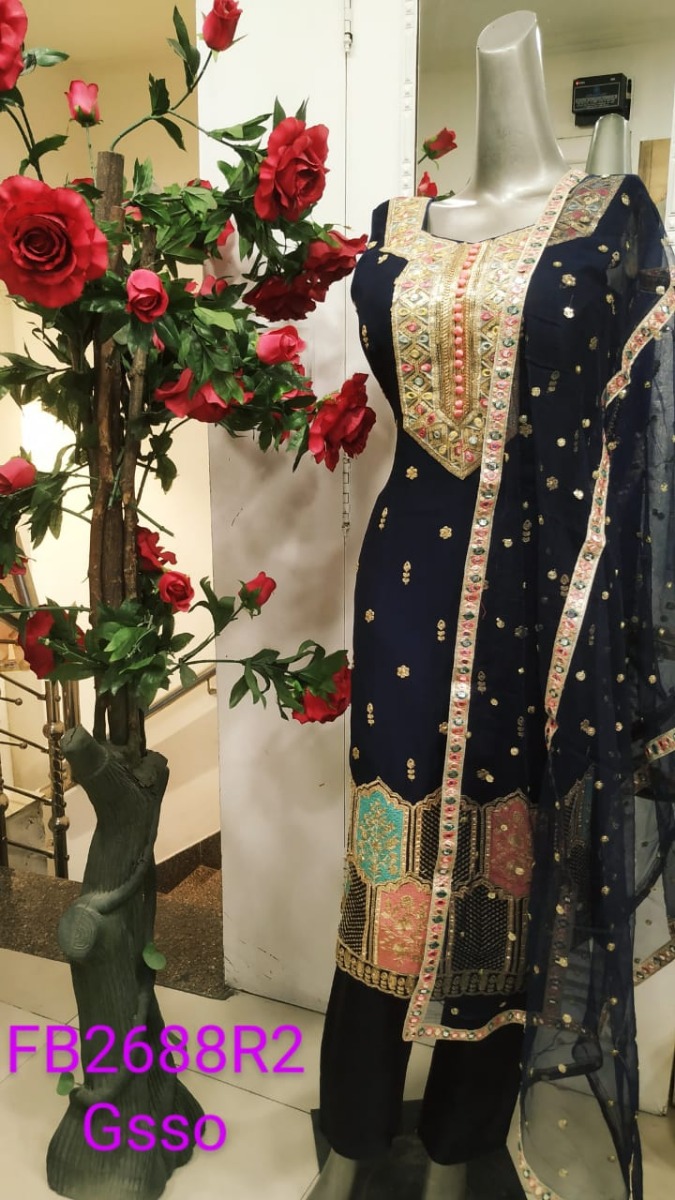 NAVY BLUE PANT SUIT WITH MULTICOLOURED WORK