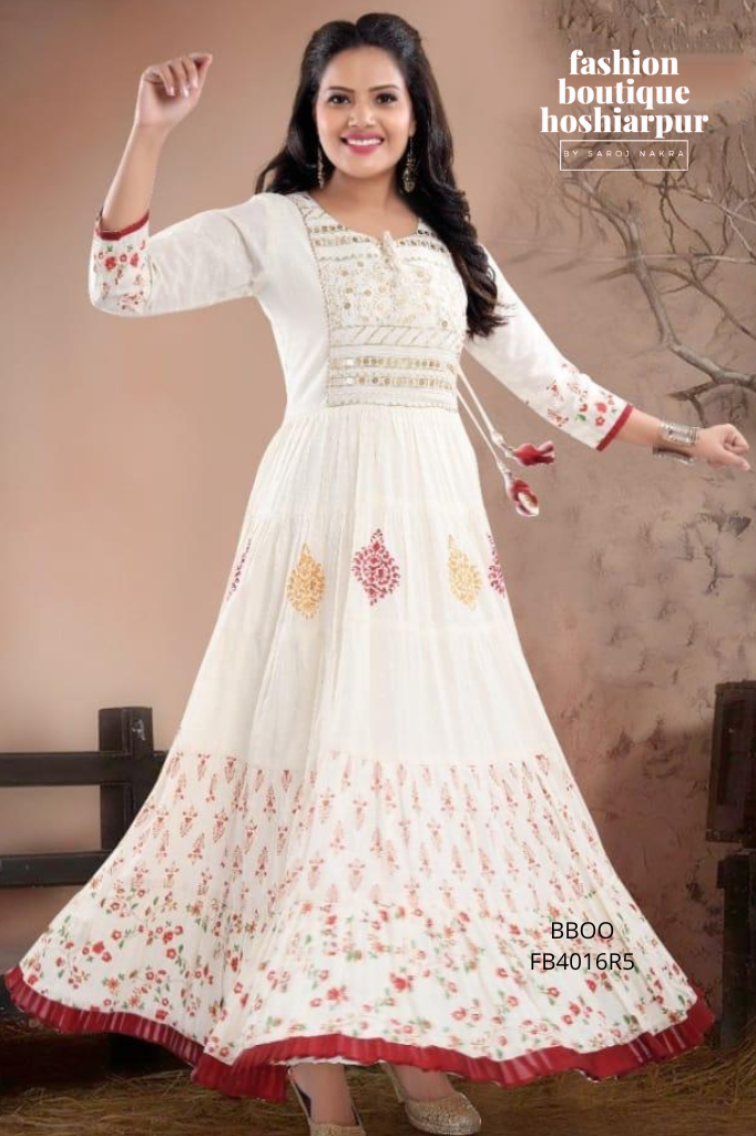 OFF-WHITE COTTON LONG DRESS PRINTED WITH THREAD AND SEQUIN WORK