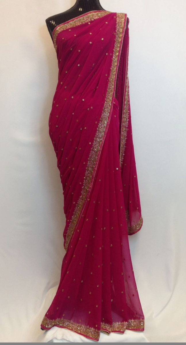 Hot Pink georgette saree with Hand Embroidery