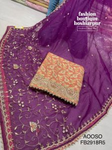 ORANGE BROCADE HAND EMBROIDERED UN STITCHED WITH ORGANZA HEAVY DUPATTA