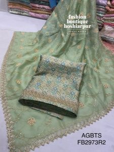 PISTA GREEN BROCADE HAND EMBROIDERED UN STITCHED SUIT WITH HEAVY ORGANZA DUPATA