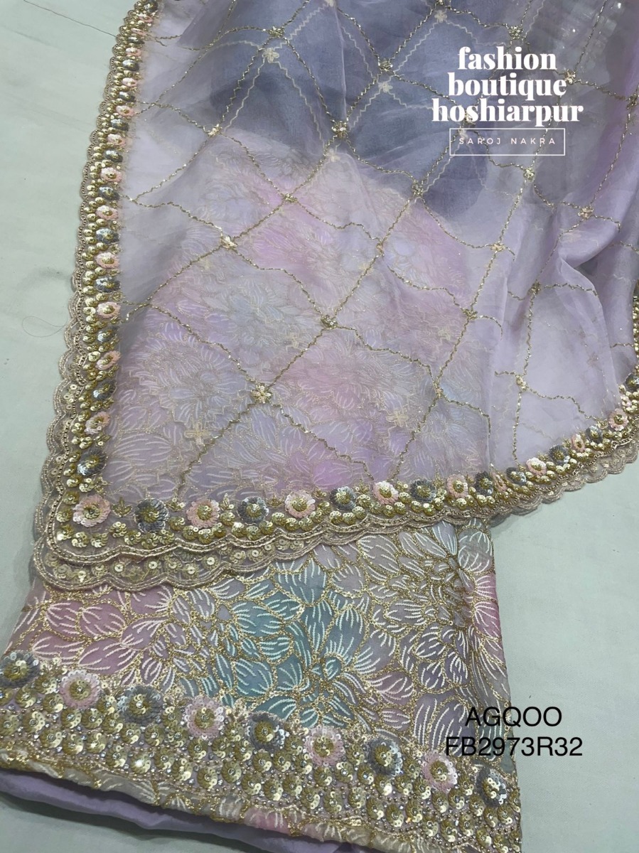 MAUVE PRINTED WITH HAND EMBROIDERY PARTY WEAR UN STITCHED SUIT WITH HEAVY DESIGNER DUPATTA