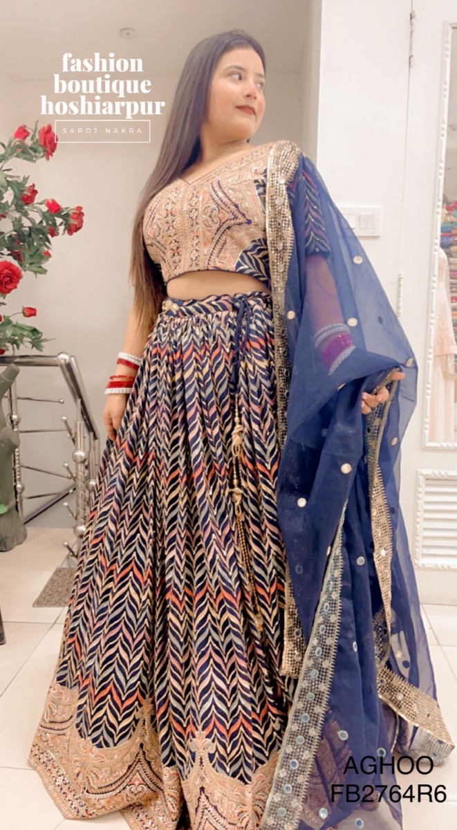 BLUE GEORGETTE MULTI COLORED THREAD WORKED DESIGNER LEHNGA WITH ORGANZA DUPATTA