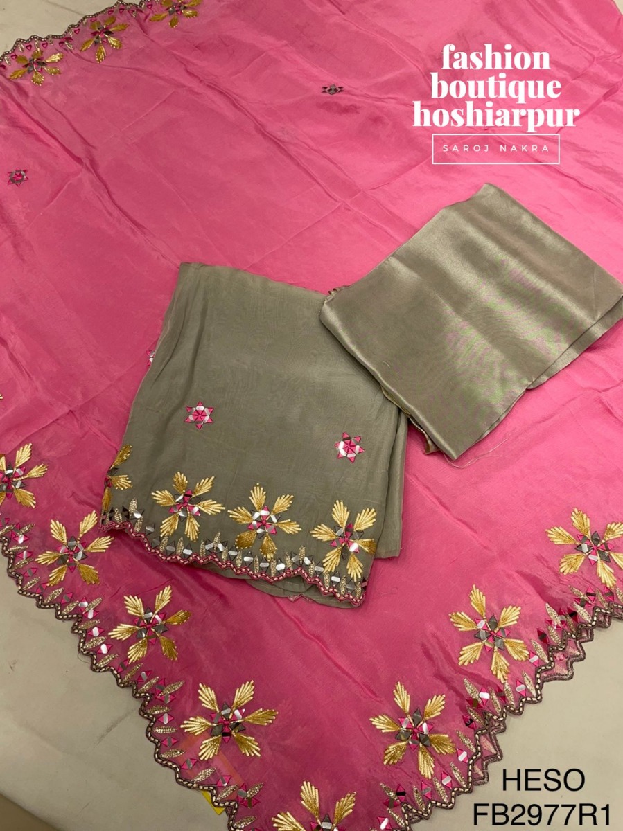GRAY ORGANZA SUIT GOTTA PATTI AND MIRROR WORKED WITH CONTRAST PINK DUPATTA