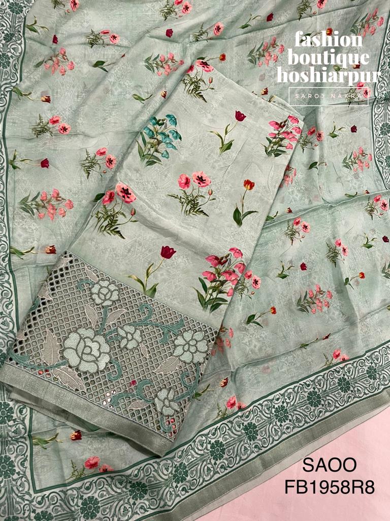 PISTA GREEN PRINTED SILK PARRTY WEAR UNSTITCHED SUIT