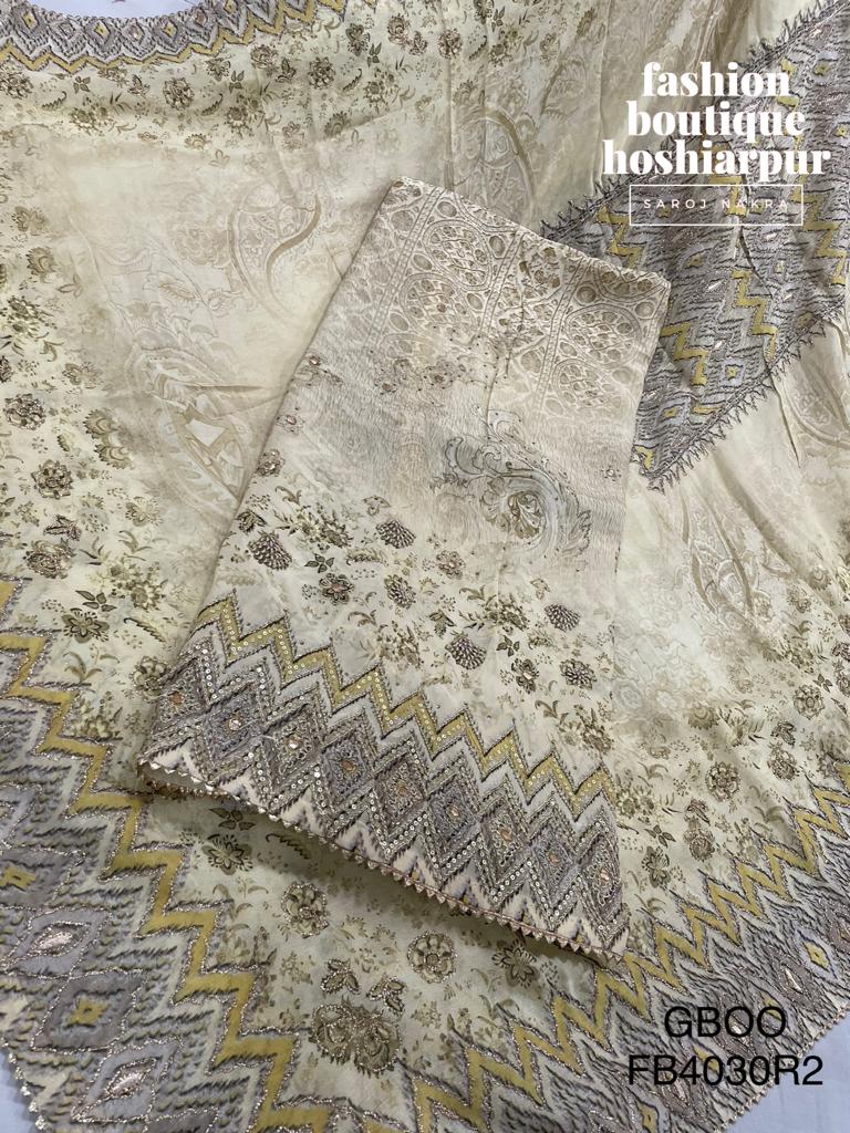 PRINTED SILK UNSTITCH PARTY WEAR SUIT IN LIGHT LEMON COLOR