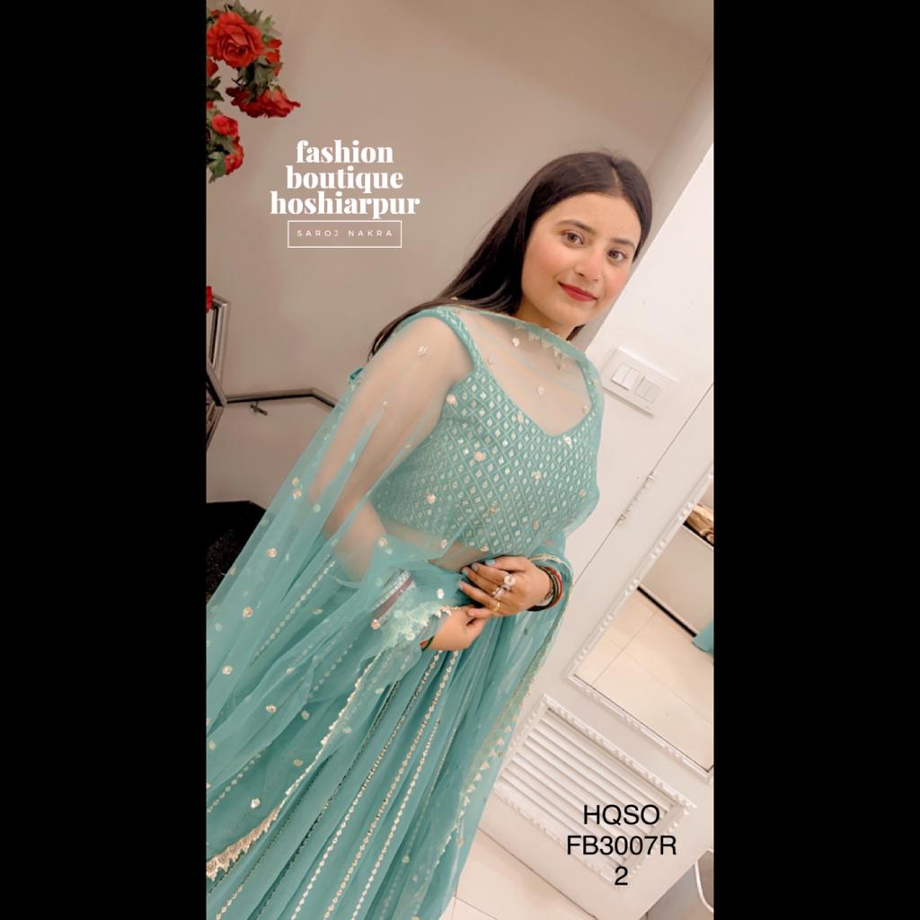 SEA GREEN GEORGETTE LEHNGA CHOLI WITH NET DUPATTA BLOUSE WITH MIRROR MATERIAL
