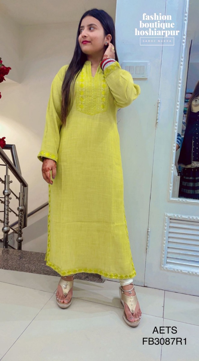 PARROT GREEN COTTON KURTI WITH MIRROR NECK EMBROIDERY